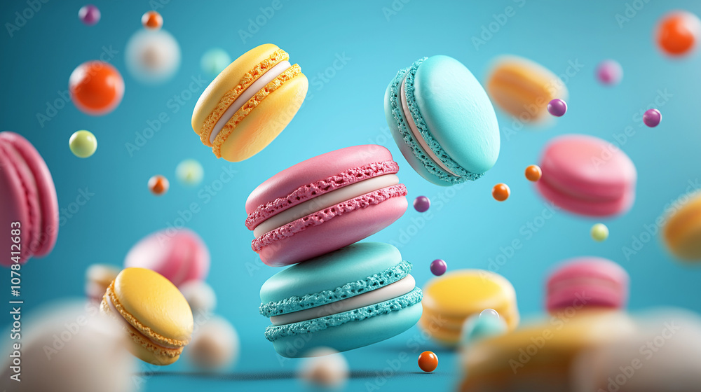 Fototapeta premium Colorful Bliss Macarons and Candy-Like Spheres in a Dynamic Scene