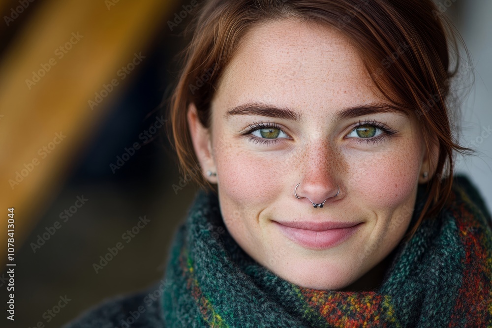 Woman smiling, brown hair, green eyes, nose piercing, scarf Warm palette 