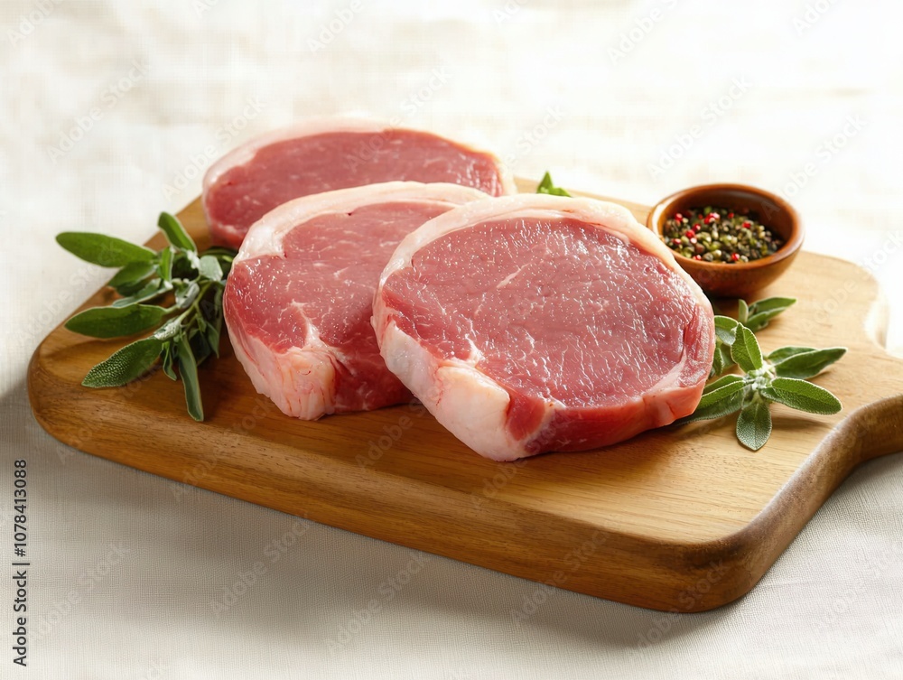 Discover the rich flavor of pasture-raised pork on a rustic wooden board Discover the rich flavor of pasture-raised pork on a rustic wooden board