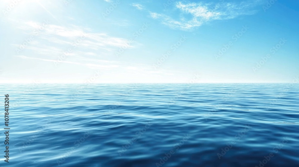 Vast expanse of blue ocean water on a sunny day with clear horizon and white clouds in sky. Vast expanse of blue ocean water on a sunny day with clear horizon and white clouds in sky.