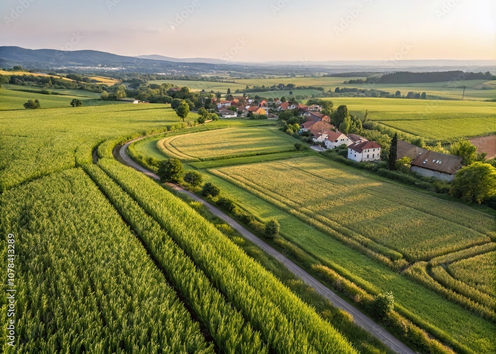 Obraz premium Aerial View of Lush Green Agricultural Fields with Growing Crops and Distant Village Houses in a Picturesque Landscape, Perfect for Nature and Farming Themes