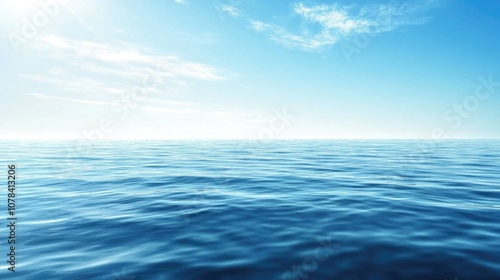 Fototapeta Naklejka Na Ścianę i Meble -  Vast expanse of blue ocean water on a sunny day with clear horizon and white clouds in sky.