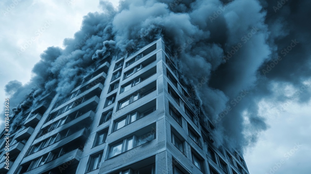Fototapeta premium Dramatic: Urban apartment building ablaze, smoke billows; monochrome palette recommended 