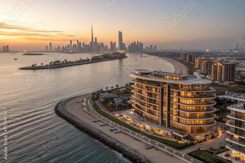 Aerial View of Luxurious BVLGARI Lighthouse Apartments in Dubai Showcasing Stunning Architecture and Serene Waterfront Surroundings photo