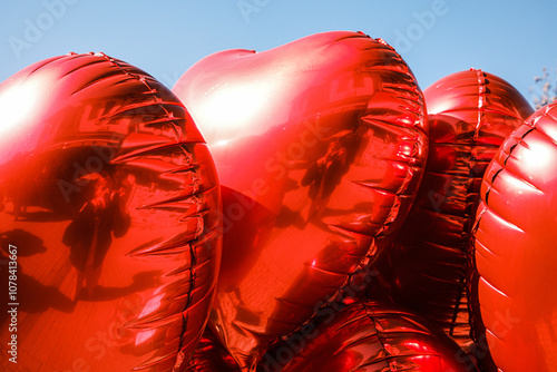 Bright red heart shaped balloons in sunlight