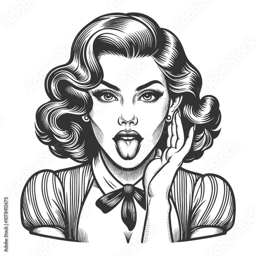 pin-up girl with wavy hair, sticking out her tongue in a playful, seductive pose sketch engraving generative ai fictional character vector illustration. Scratch board imitation. Black and white image.