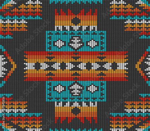 Native American Navajo Aztec beads kilim Vector Pattern. Colorful Southwestern tribal beaded motif black background seamless pattern.