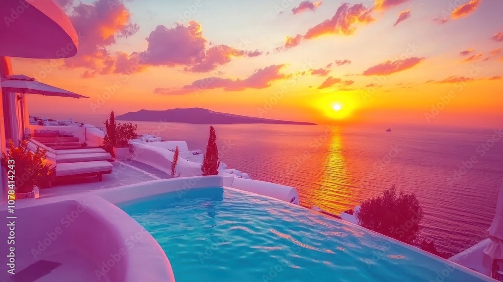 Obraz premium A stunning sunset over a turquoise infinity pool overlooking the Aegean Sea.