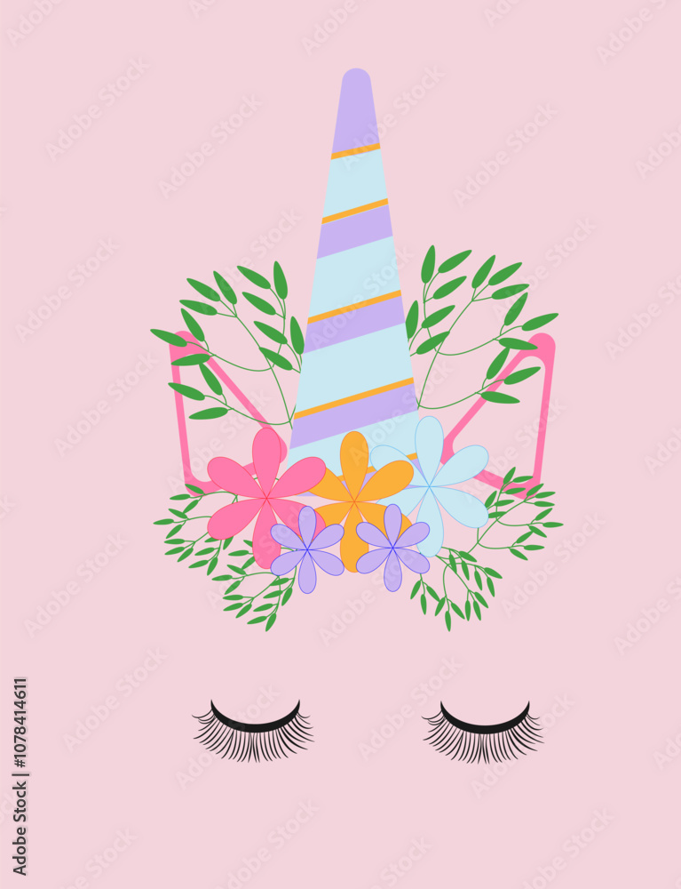 Obraz premium unicorn face with flowers on a delicate background
