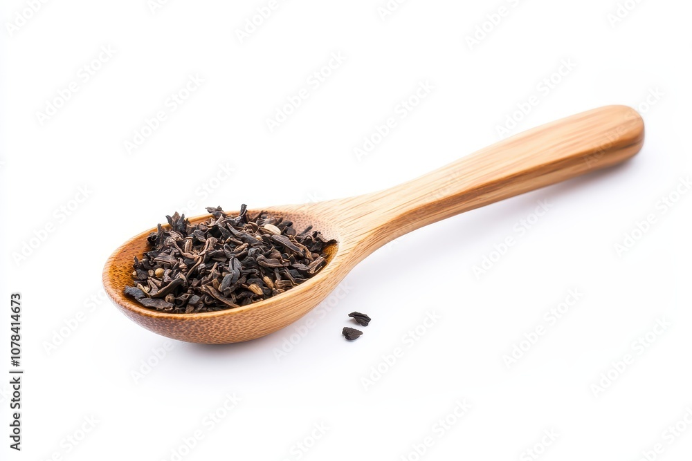 Barley tea in a wooden spoon set against a white backdrop Barley tea in a wooden spoon set against a white backdrop