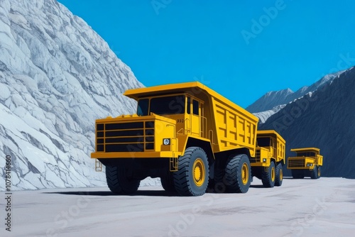 Yellow mining trucks at sunny openpit mine, vibrant industrial scene Use warm palette  photo