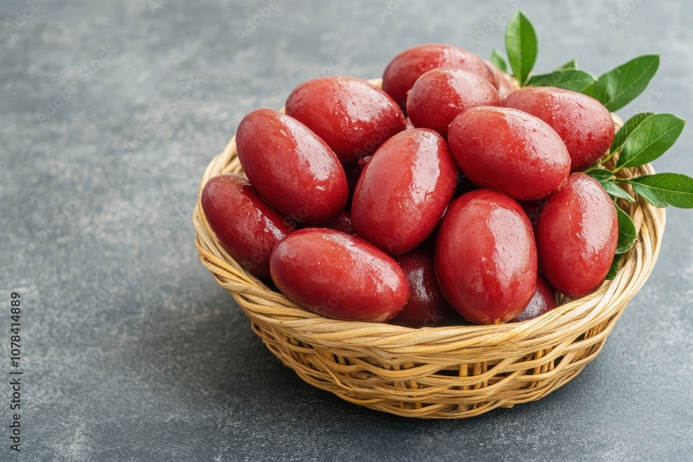 Basket of ripe Taiwanese Indian Jujube on gray table Basket of ripe Taiwanese Indian Jujube on gray table