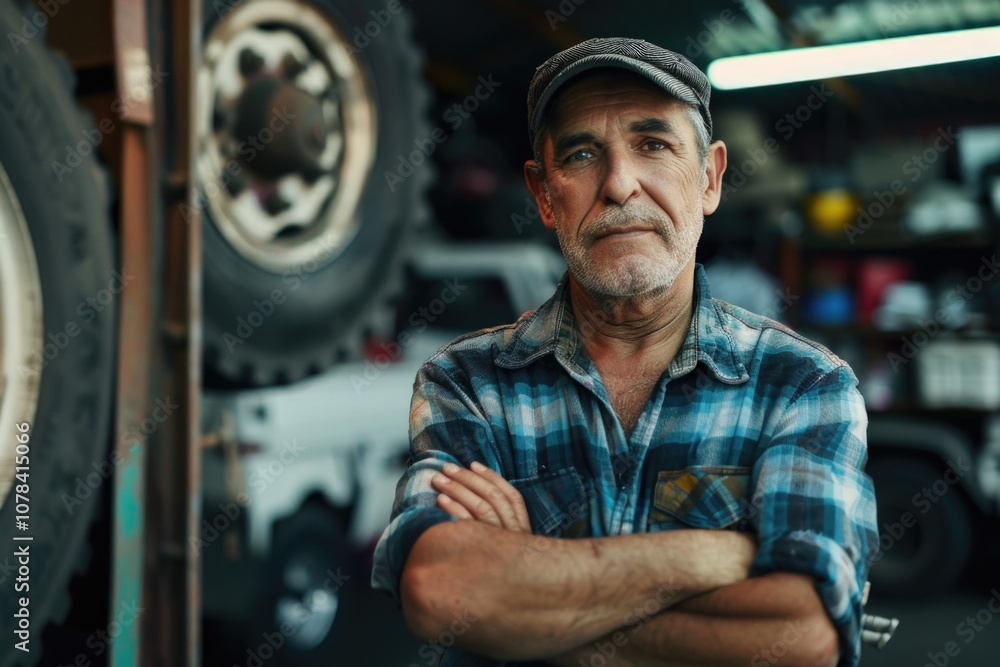Elderly mechanic working in his garage. Elderly mechanic working in his garage.