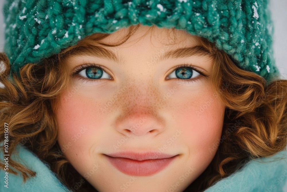 Winter portrait of joyful girl in knit hat; use cool palette Winter portrait of joyful girl in knit hat; use cool palette