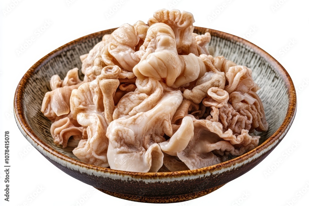 Fototapeta premium Beef and lamb stomach and intestines cut and served on a plate with cow tripe on a white background