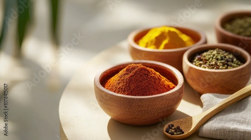 Fototapeta Naklejka Na Ścianę i Meble -  Explore the rich textures of pure spices in minimalist arrangements