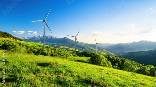 Wind turbines harness renewable energy on green hillside at sunset