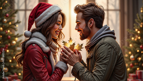 Christmas Eve proposal. Joyful holiday connection: Couple in festive attire sharing a magical moment with a golden leaf, surrounded by Christmas trees and lights.
