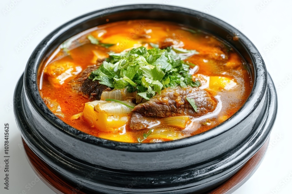 Beef tail bone soup served hot with mustard sauce on a white background Beef tail bone soup served hot with mustard sauce on a white background