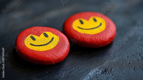 Bold red and yellow happinessthemed objects against a dark background for International Day of Happiness, high contrast, dynamic energy, surreal, multilayer, matte black backdrop photo