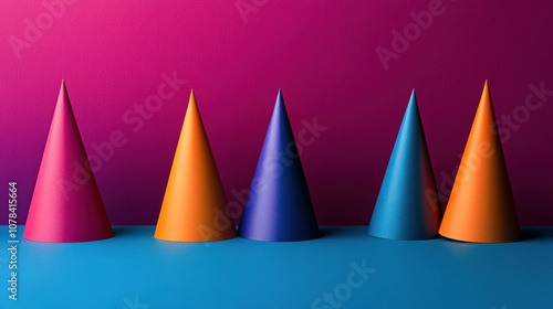 Deep blue party hats with vibrant orange accents for International Day of Happiness, high contrast, bold celebration, futuristic, double exposure, smooth matte surface backdrop photo