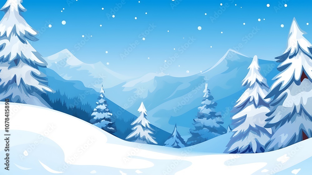 Fototapeta premium Snow-Covered Pine Trees and Mountain Landscape Under a Blue Winter Sky
