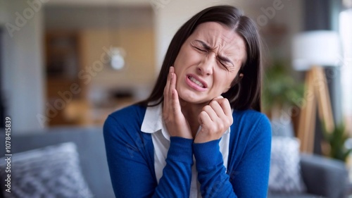 Woman holding her jaw in pain, showing facial expression of discomfort, representing dental or jaw pain, toothache, or TMJ issues.