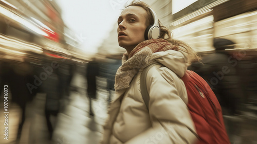 A man wearing headphones and a red backpack walks down a busy street