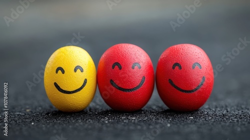 Bold red and yellow happinessthemed objects against a dark background for International Day of Happiness, high contrast, dynamic energy, surreal, multilayer, matte black backdrop photo