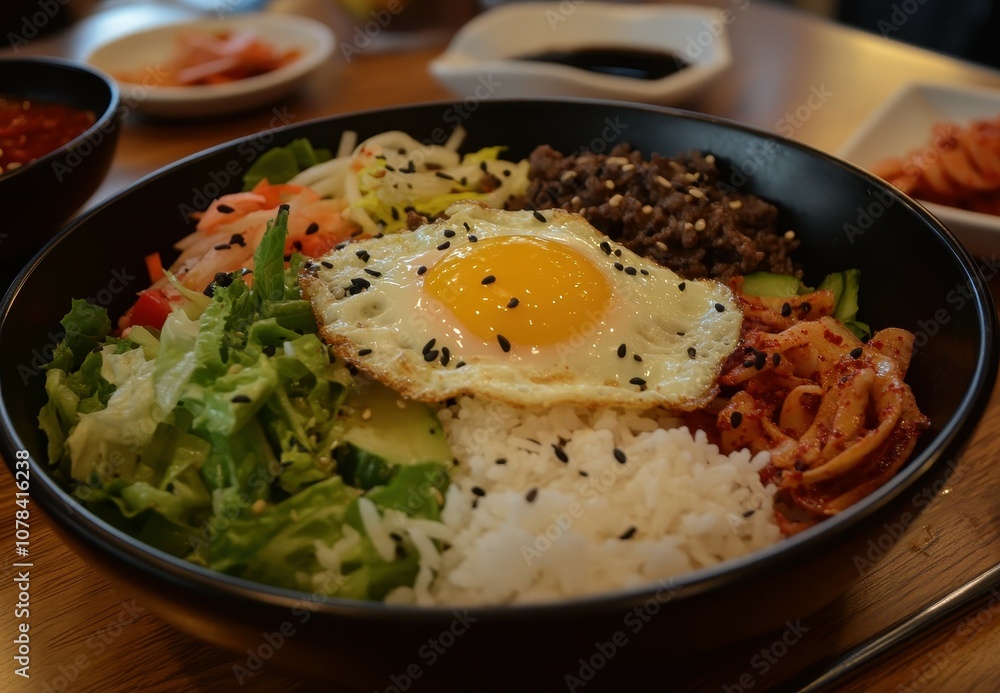 Bibimbap a traditional Korean dish features rice a spicy salad and a fried egg Bibimbap a traditional Korean dish features rice a spicy salad and a fried egg