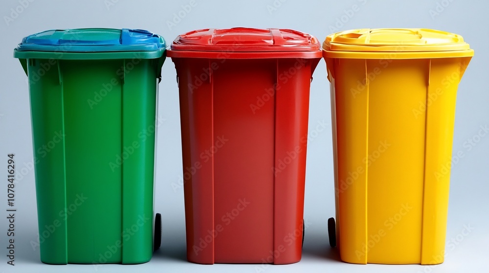 Three colorful recycling bins in a row. Three colorful recycling bins in a row.