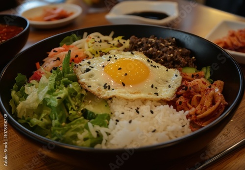 Bibimbap a traditional Korean dish features rice a spicy salad and a fried egg photo