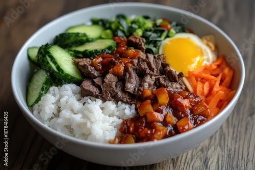 Bibimbap is a Korean bowl of rice topped with vegetables beef and spicy sauce