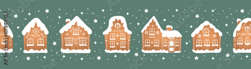 Christmas seamless border with gradient gingerbread houses and snowflakes on green background in flat style.