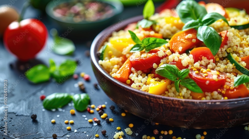 A vibrant, nutritious pasta salad topped with fresh herbs and spices. A vibrant, nutritious pasta salad topped with fresh herbs and spices.