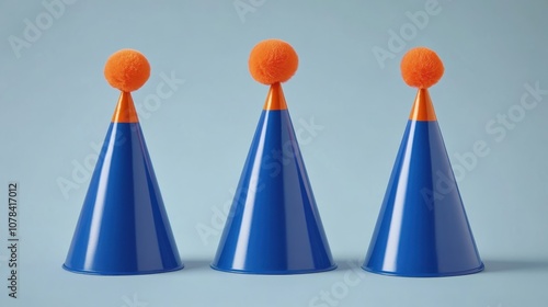 Deep blue party hats with vibrant orange accents for International Day of Happiness, high contrast, bold celebration, futuristic, double exposure, smooth matte surface backdrop photo