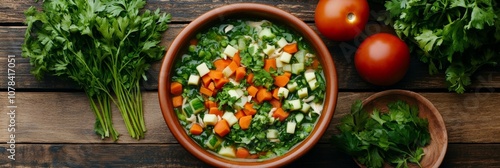 Rustic Chicken Noodle Soup, vibrant vegetables, earthy palette, comforting dish 