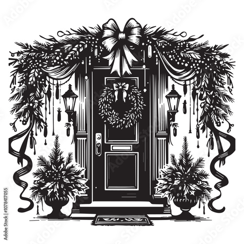 Charming Christmas doorway scene with festive decorations. A black and white illustration of a house entrance decorated for Christmas.