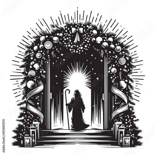 Charming Christmas doorway scene with festive decorations. A black and white illustration of a house entrance decorated for Christmas.