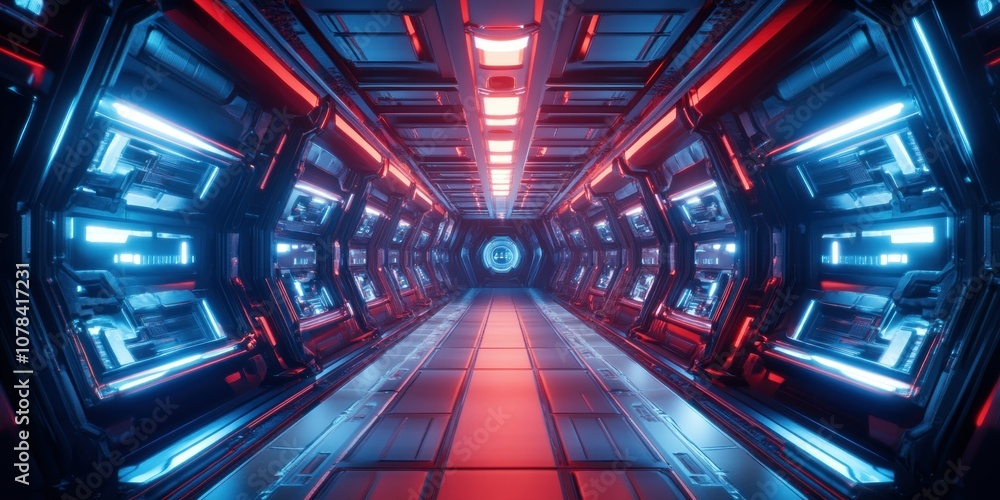 Obraz premium Futuristic Spaceship Corridor with Red and Blue Neon Lights
