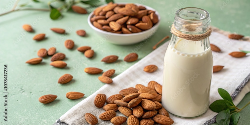 Aesthetic Almond Milk Bottle Surrounded by Roasted Almonds on Soft Pastel Green Background for Low Light Photography Aesthetic Almond Milk Bottle Surrounded by Roasted Almonds on Soft Pastel Green Background for Low Light Photography