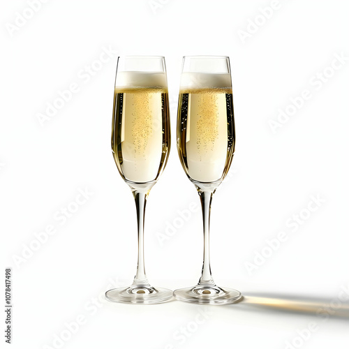 two champagne glasses on white background