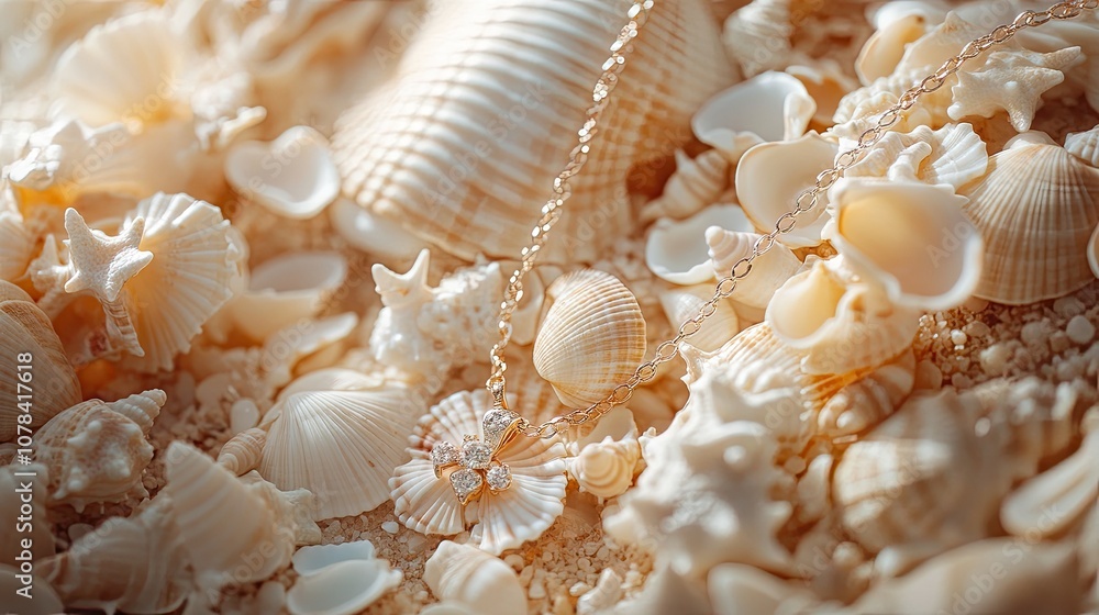 Shell necklace arranged on a bed of seashells, creating a natural, coastal aesthetic against a neutral background Shell necklace arranged on a bed of seashells, creating a natural, coastal aesthetic against a neutral background