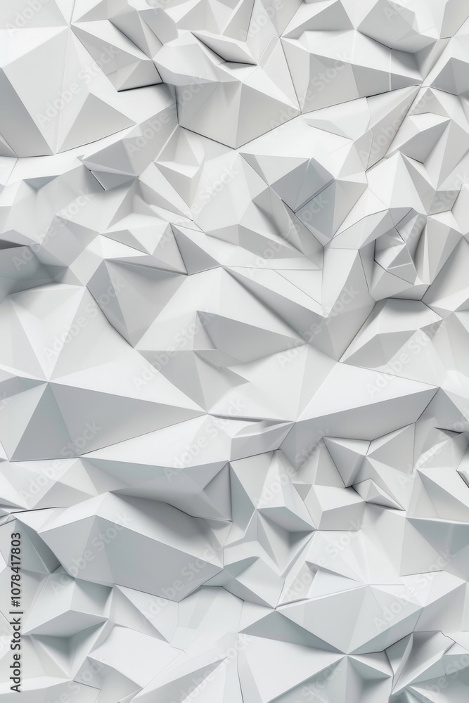 The image is a white background with a lot of triangles. The triangles are all different sizes and angles, creating a sense of depth and movement. Scene is one of chaos and disorder