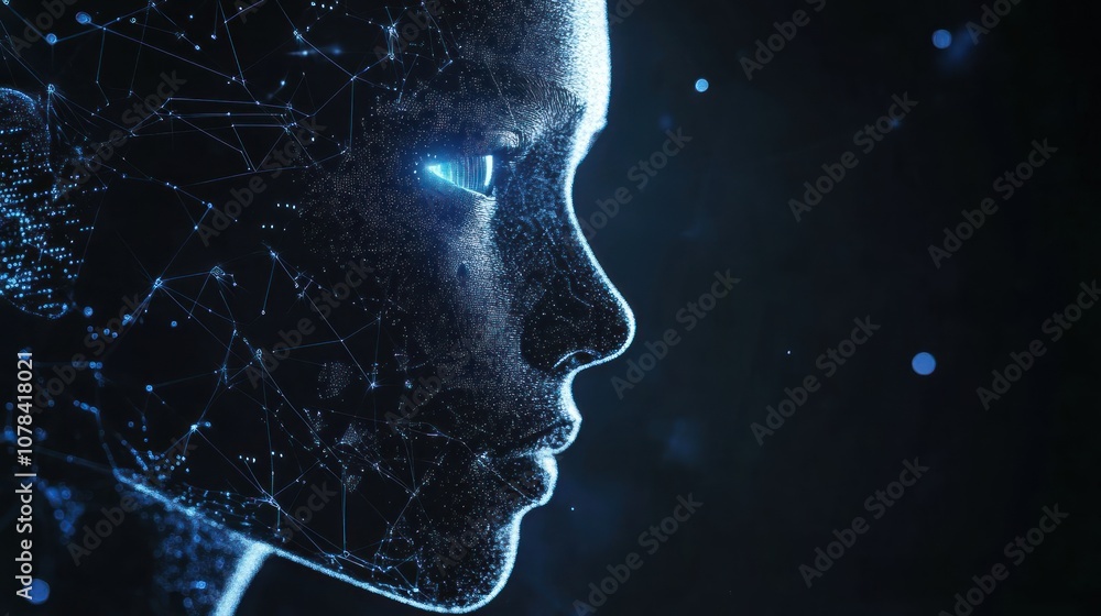 A digital rendering of a female face, with glowing eyes, constructed of blue, interconnected nodes and lines. The background is dark, with scattered, small, white light orbs.
