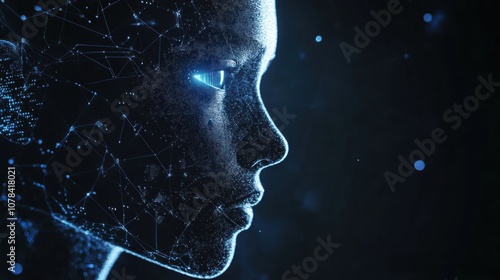 Obraz na płótnie A digital rendering of a female face, with glowing eyes, constructed of blue, interconnected nodes and lines. The background is dark, with scattered, small, white light orbs. w salonie