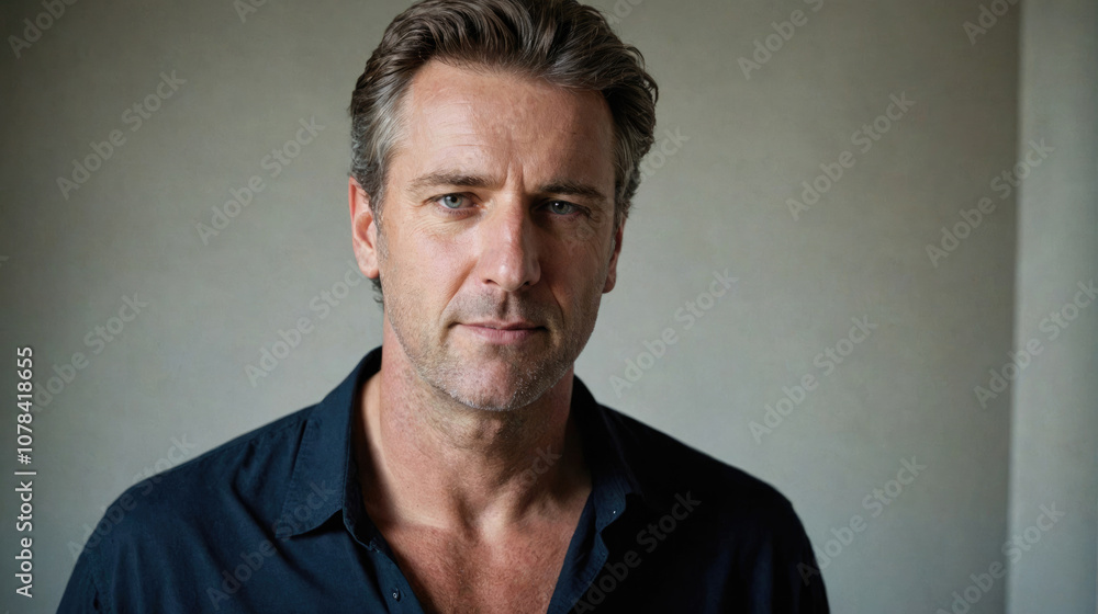 Fototapeta premium A man with short, graying hair stands in front of a wall, looking directly at the camera