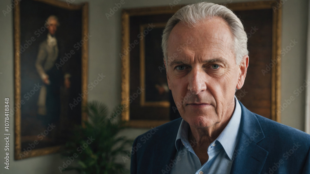 A man in a blue suit stands in front of a painting in a home, staring intently at the camera A man in a blue suit stands in front of a painting in a home, staring intently at the camera