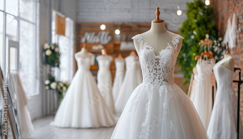 A stunning bridal gown with lace detailing is displayed in a charming boutique surrounded by elegant wedding dresses.