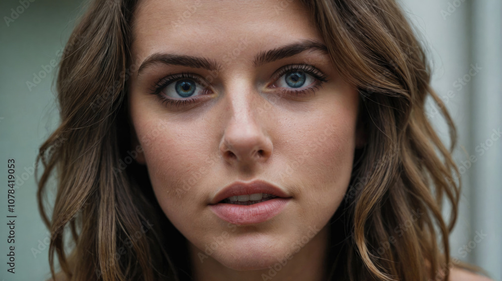 Fototapeta premium A woman with long, dark hair looks directly at the camera